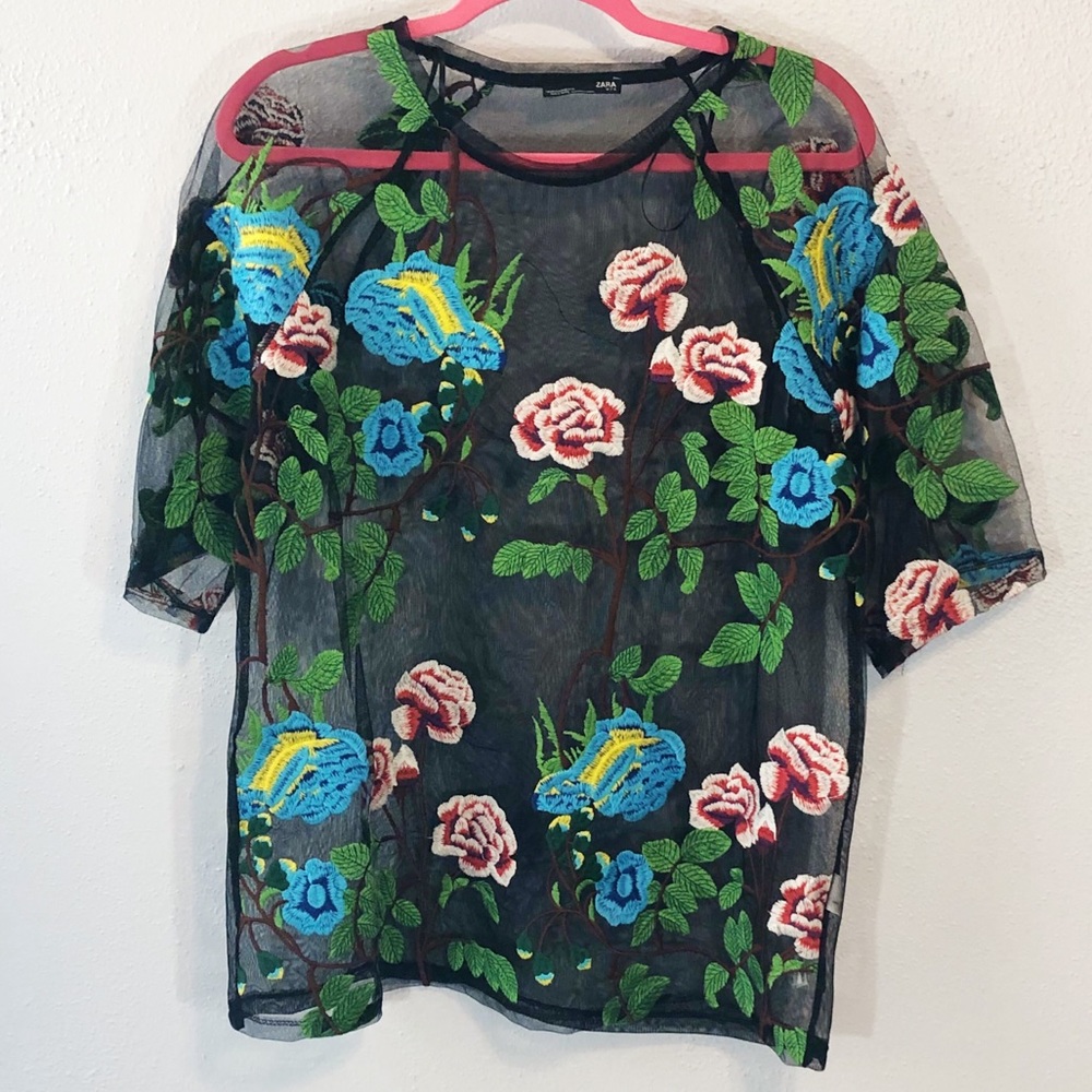 Zara sheer black floral short sleeved size M top